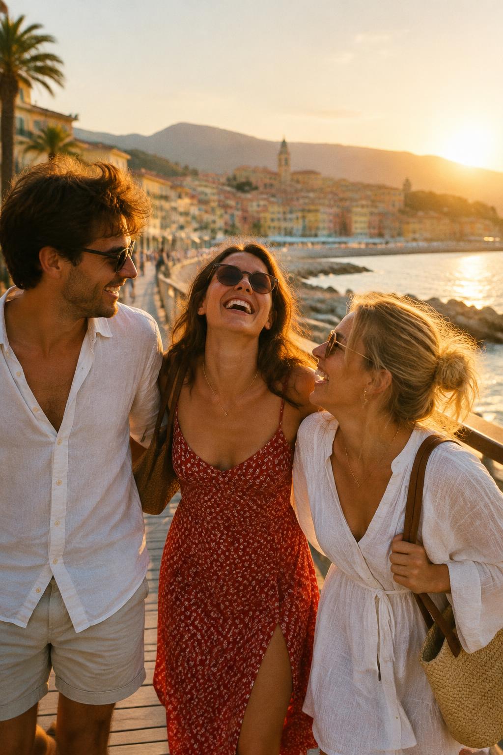 Trois amis sur une promenade en bord de mer au coucher du soleil